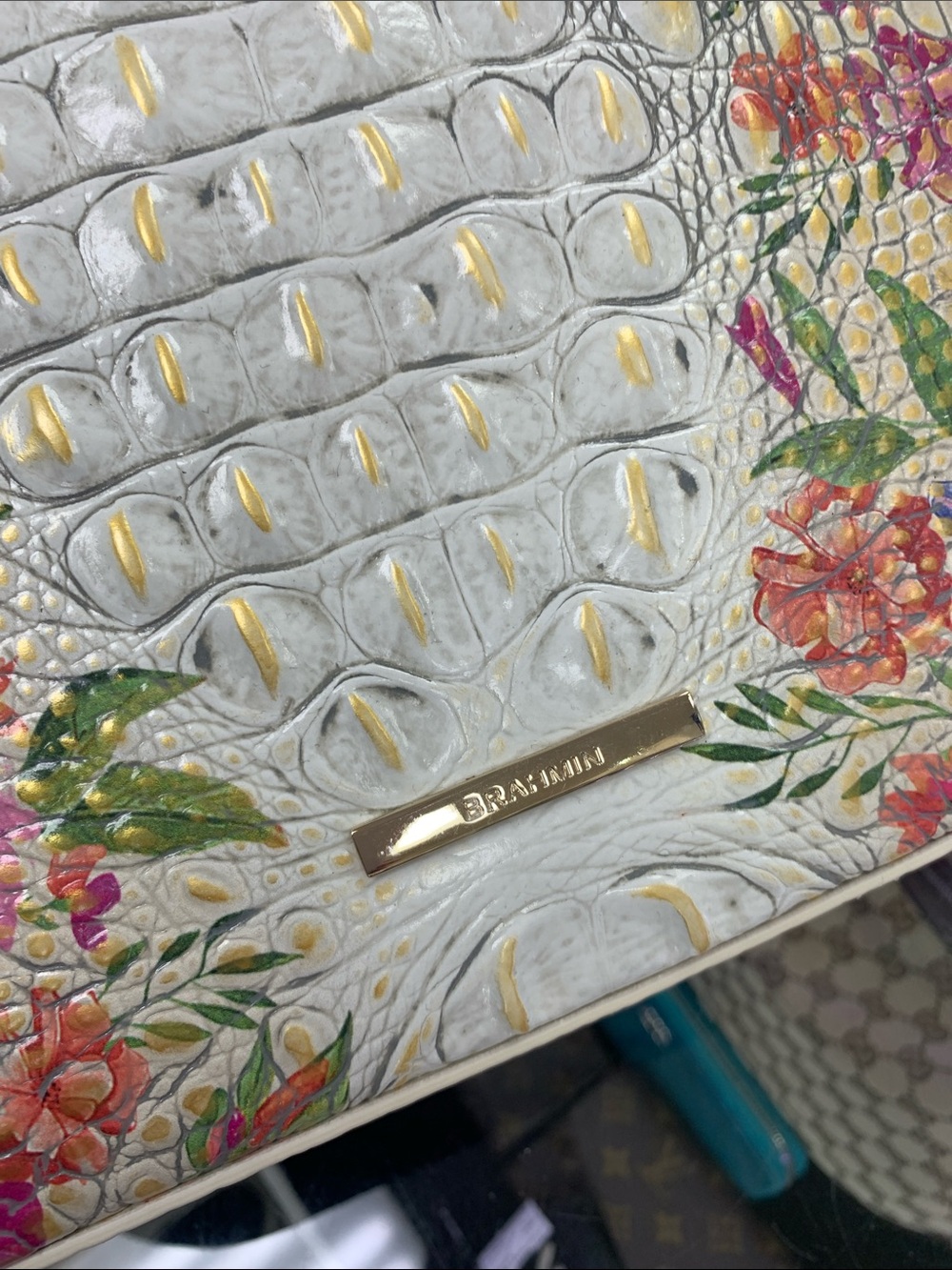 Brahmin White Croc-Embossed Floral Tote with Pink, Purple & Blue Accents - Picture 6 of 7